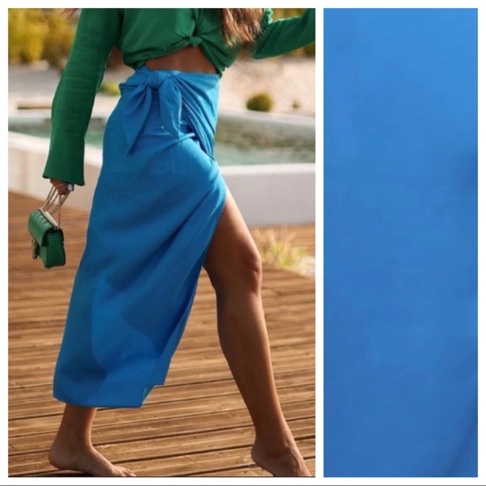 NWT. Zara Blue High­ Waist Pareo Midi Skirt with Knot Detail. Size M.